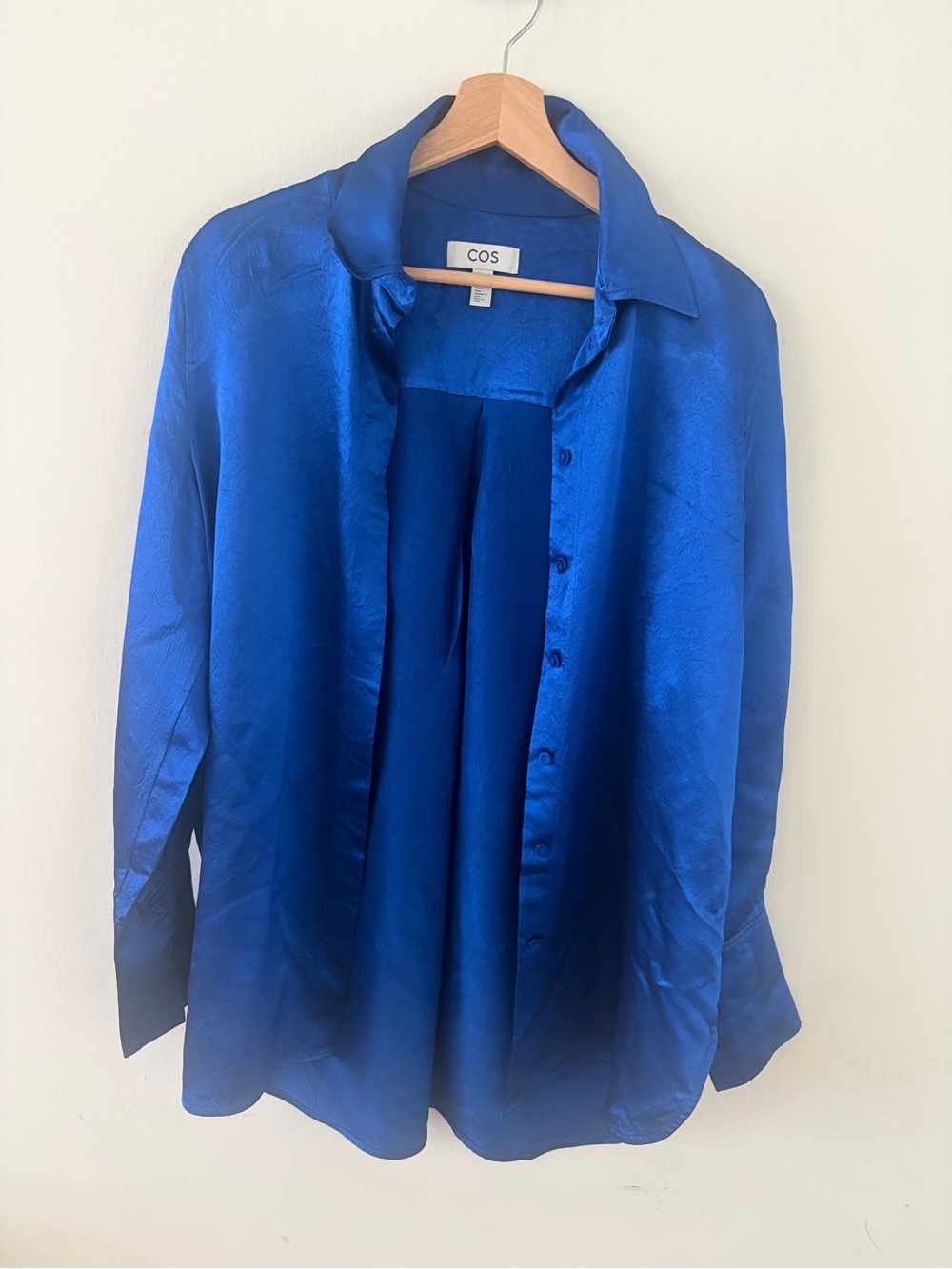 COS Oversized Cobalt Blue Textured Satin Shirt Blouse 100% Naia Acetate size 8
